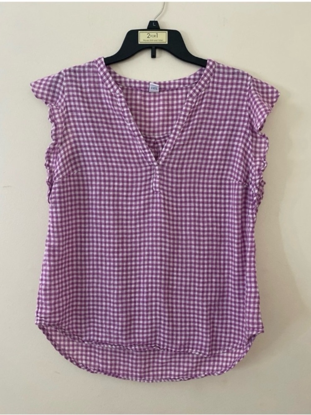 Old Navy Linen Blend Purple Gingham V-Neck Cap Sleeve Blouse